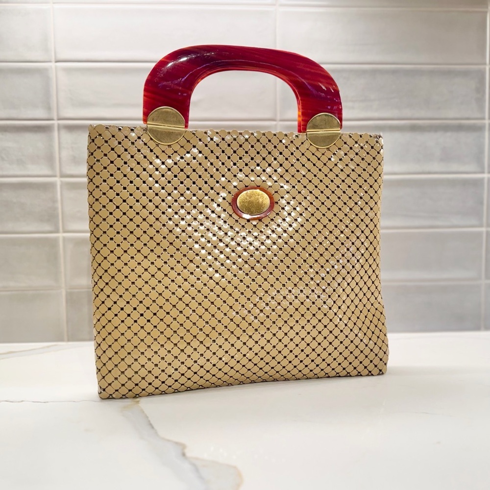 Whiting & Davis Vintage Beige Mesh Tortoiseshell Style Lucite Handle Handbag